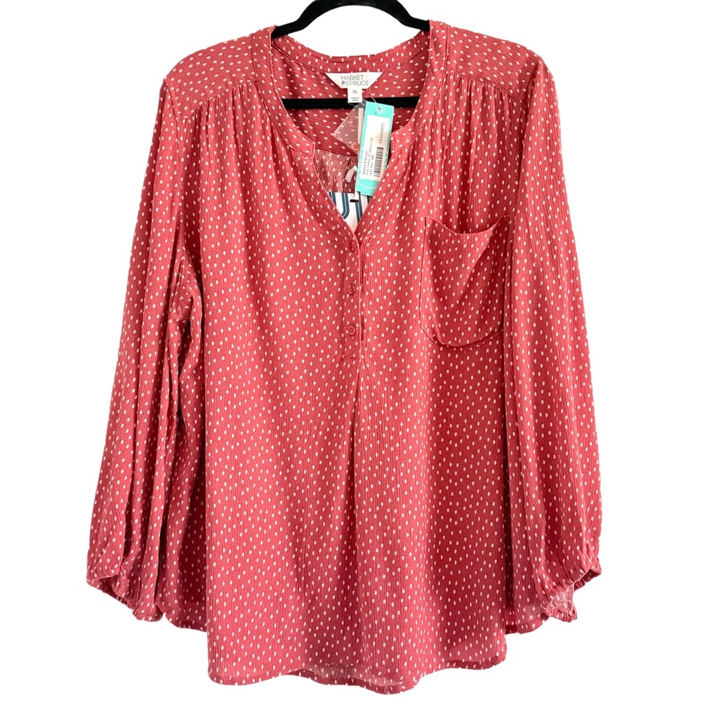 Market & Spruce Dusty Pink Dot V-Neck Button-Front Blouse